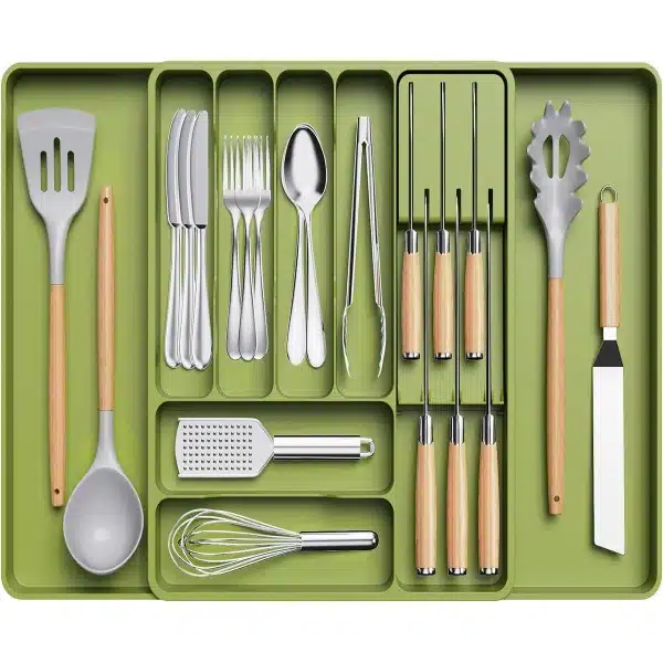 Bestekbak voor de keuken, uitbreidbare bestekbak met uitneembaar messenblok, verstelbare accessoire- en bestekplank, kunststof, bestek, lepel, vorken, groot, groen