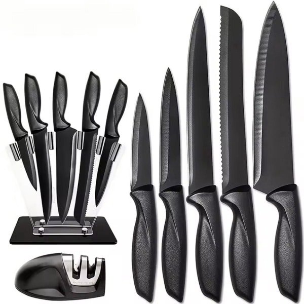CHPN - Messenset - 7-delig Keukenmessen set - 5 messen met Acryl Messenblok en Messenslijper - 7-delig set - Keuken accessoire - Zwart - Cadeau
