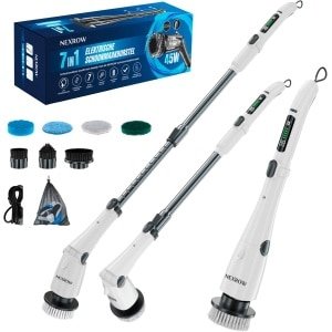 NEXROW Elektrische Schoonmaakborstel - Elektrische Schrobber - Schrobborstel - Poetsmachine voor Badkamer of Keuken - Schoonmaakborstel met 7 opzetborstels - Schuurborstel - Wit