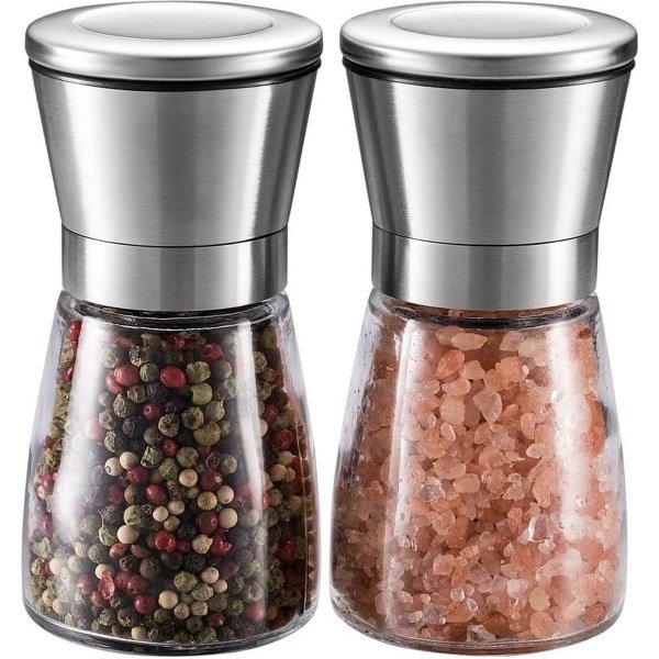 Premium roestvrij stalen zout- en pepermolenset - glazen lichaam - instelbare grofheid - geborsteld roestvrij staal - keuken accessoires