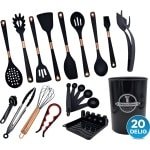 QuX - 20-Delige Keukengerei Set - Kookgereedschap - Keuken accessoires - Anti-kras - Keukenset - Kook accessoires - Kookgerei - Servies set - Keukenbenodigdheden - Kookbenodigdheden - Complete keukengerei set - Premium kookgerei - Zwart brons