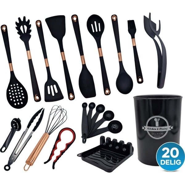QuX - 20-Delige Keukengerei Set - Kookgereedschap - Keuken accessoires - Anti-kras - Keukenset - Kook accessoires - Kookgerei - Servies set - Keukenbenodigdheden - Kookbenodigdheden - Complete keukengerei set - Premium kookgerei - Zwart brons