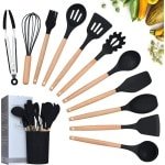 Siliconen Kookgerei Keukengerei Set, 12 Stuks Natuurlijke Houten Handgrepen Koken Tool Bpa Gratis Niet Giftige Siliconen Turner Tang Spatel Lepel Keuken Gadgets Gebruiksvoorwerp Set (Zwart)