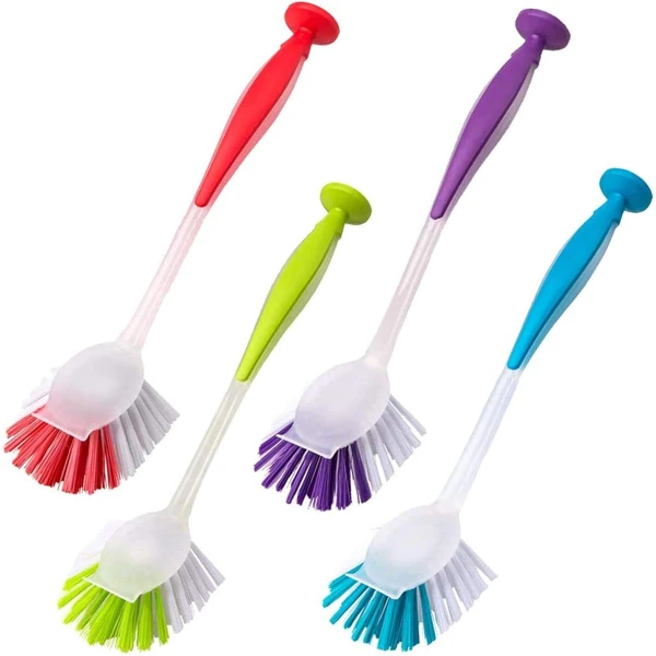 Afwasborstel set - Niet-kras borstels met zuignap - Zachte greep voor pannen en potten - Keuken schoonmaak accessoires - Willekeurige kleur - 14x5cm - 4 stuks