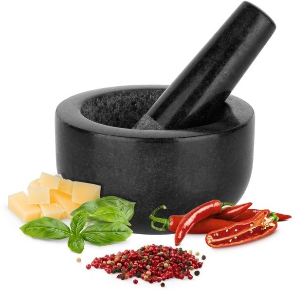 H&S vijzel met stamper set - ⌀ 12 cm - Keuken accessoires - Vijzels om kruiden noten of medicijnen te malen - Maak pesto of guacamole - Zwart graniet