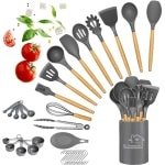 Siliconen kookgerei set - 33 stuks met houder - houten handgrepen - hittebestendig - BPA-vrij - keukengerei spatel - niet-toxisch - beste keuken gadgets - gereedschap voor kookgerei - grijs
