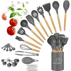 Siliconen kookgerei set - 33 stuks met houder - houten handgrepen - hittebestendig - BPA-vrij - keukengerei spatel - niet-toxisch - beste keuken gadgets - gereedschap voor kookgerei - grijs