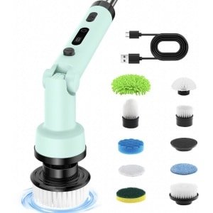 ZYLARO Elektrische Schoonmaakborstel - Schrobborstel - voor badkamer of keuken - met 1.4m telescopische handgreep - met 10 opzetstukken - Groen