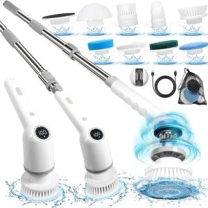 Zandarix Elektrische Reinigingsborstel - 8 borstelkoppen - verstelbare handgreep - telescopische stang - voor badkamer, keuken, glas, tegelvloer en auto - Grijs/Wit