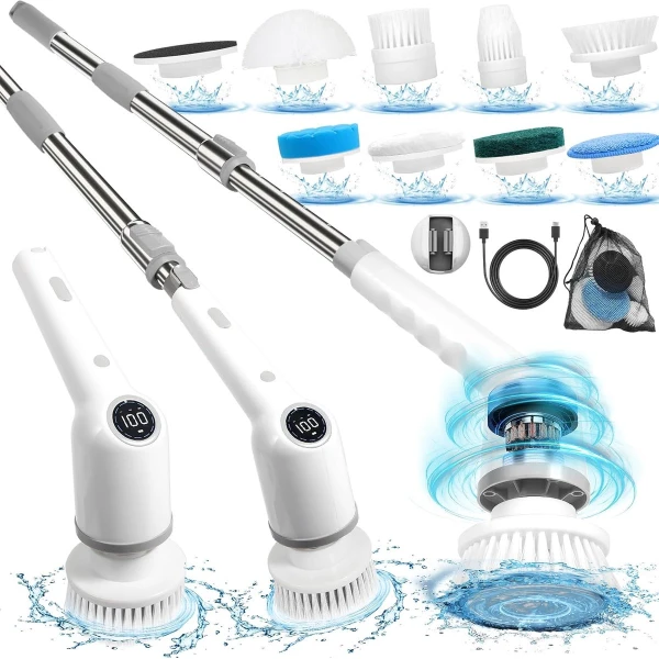 Zandarix Elektrische Reinigingsborstel - 8 borstelkoppen - verstelbare handgreep - telescopische stang - voor badkamer, keuken, glas, tegelvloer en auto - Grijs/Wit