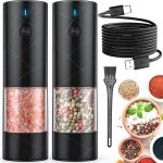 2-pack elektrische zout- en pepermolenset, USB-oplaadbaar, met warm LED-licht, instelbare grofheid. Lidaop automatische zout- en pepermolen met grote capaciteit voor keuken, eetkamer, buiten, zwart.