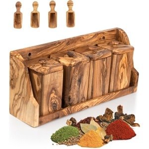 4-Delig Kruidenrek Set - Kruidenrek Ophangbaar - Kruidenrek Staand - Keuken Accessoires - Kruidenpotjes - 100% Natuurlijk Olijfhout
