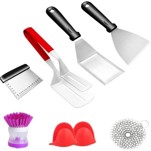 7-delige BBQ Accessoires Set van Roestvrij Staal voor Outdoor Keuken - Spatel, Tang, Schraper, Handschoen en Reinigingsborstel barbecue set