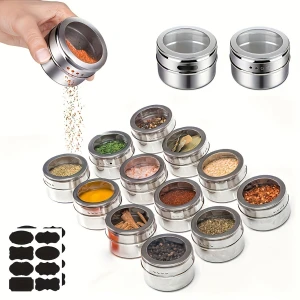 Dutchers® 12-delige RVS Magneetkruidenpotjes - Kruidenpotjes met Magneet - Magnetische Kruidenorganizer - Keuken Accessoires - Kruidencontainers RVS - Kruidenrek Magnetisch