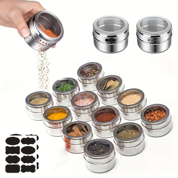 Dutchers® 12-delige RVS Magneetkruidenpotjes - Kruidenpotjes met Magneet - Magnetische Kruidenorganizer - Keuken Accessoires - Kruidencontainers RVS - Kruidenrek Magnetisch