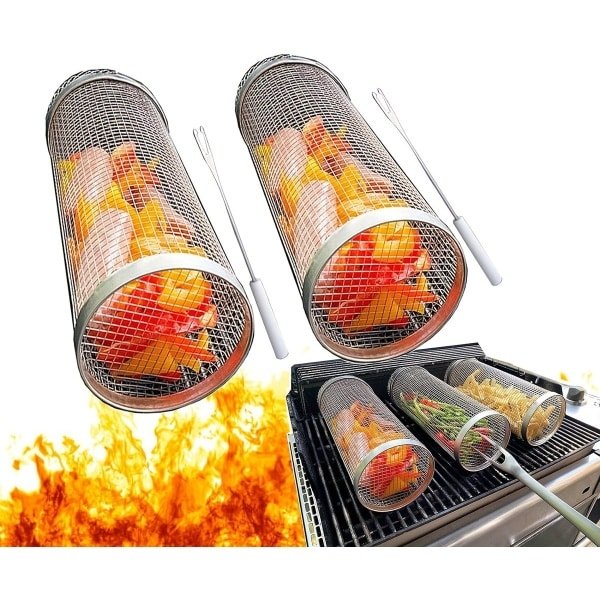 Dutchers® 2x BBQ Grillmand RVS 304 - Cilindervormige Barbecuekooi - Roestvrijstalen Gaasmand voor Barbecue & Rookoven - Barbecue Accessoire - Hittebestendig - Keuken- en Buitenkookbenodigdheden
