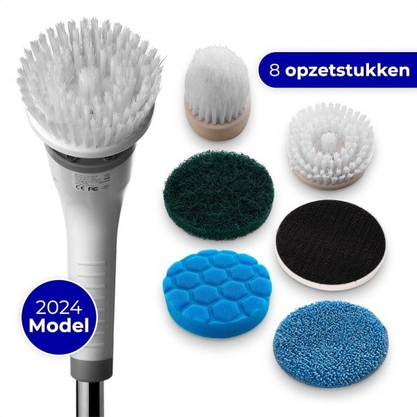 Elektrische Schoonmaakborstel - Draadloos elektrische schrobber Azula (oplaadbaar) - 8 opzetstukken - 3 snelheden - Uitschuifbare steel - Geschikt voor o.a. keuken- en badkamertegelstegels