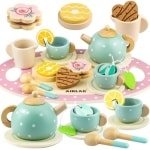 Houten Theeset voor Kleine Meisjes, Theetijdfeestje Voedselspeelgoed, Speelvoedsel Keuken Accessoires voor 3 4 5 jaar oude Meisjes en Jongens Peuter Prinses