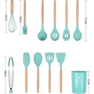Siliconen Kookgerei Keukengerei Set, 12 Stuks Natuurlijke Houten Handgrepen Koken Tool Bpa Gratis Niet Giftige Siliconen Turner Tang Spatel Lepel Keuken Gadgets Gebruiksvoorwerp Set (Donkergroen)