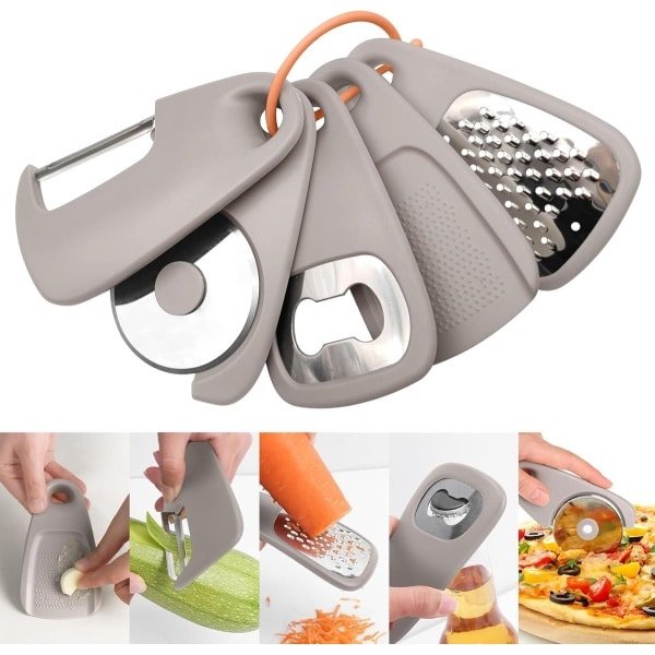 5 in1 keukengadgets, dunschiller, flesopener, knoflookmolen, taartkaasrasp, stapelbaar kookgereedschap ruimtebesparend voor kleine keuken, accessoires voor campers binnen vaatwasmachinebestendig
