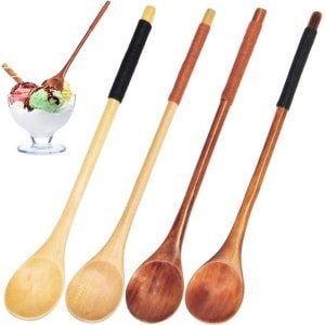 Dessert Lepels, 4 STKS Multifunctionele Lange Handvat Theelepels Natuurlijke Houten Lepel Koffie Lepel Voor Ijs Thee Honing Zout Soep Mixing Lepel Keuken Accessoires
