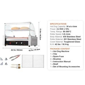 Hotdog Grill Machine - Hotdog Grill - Hotdogroller - 11 RVS Rollen - 750W - Elektrische Grill - met Deksel - Twee Temperatuurregelaars - Spatwand en plank - voor Keuken - en Feestjes - Capaciteit 12 Stuks