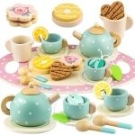 Houten Theeset voor Kleine Meisjes, Theetijdfeestje Voedselspeelgoed, Speelvoedsel Keuken Accessoires voor 3 4 5 jaar oude Meisjes en Jongens Peuter Prinses