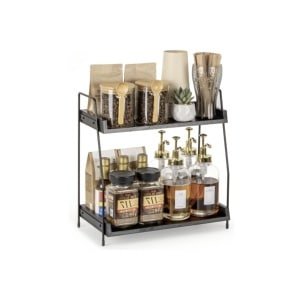 Koffie-organizer, koffiebar-accessoire en -organizer, hout, koffieopbergmeubel voor koffiehoek, werkbladen, kruidenrek, 2 verdiepingen, koffiecaddy voor keuken, thuis, kantoor, zwart
