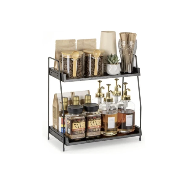 Koffie-organizer, koffiebar-accessoire en -organizer, hout, koffieopbergmeubel voor koffiehoek, werkbladen, kruidenrek, 2 verdiepingen, koffiecaddy voor keuken, thuis, kantoor, zwart