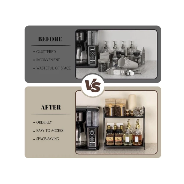 Koffie-organizer, koffiebar-accessoire en -organizer, hout, koffieopbergmeubel voor koffiehoek, werkbladen, kruidenrek, 2 verdiepingen, koffiecaddy voor keuken, thuis, kantoor, zwart