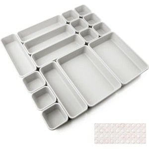 Lade-inzetstukken, 16 stuks, scheidingssysteem, kruidenorganizer, lade, scheider, badkamerorganizer, dozenset met siliconen antislipkom, Hemness, commode, keuken, bureau, accessoires (lichtgrijs)