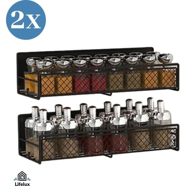 LifeLux Magnetische Kruidenrek Set - 2 stuks | Zwart Metalen Kruidenhouder met Sterke Magneet | Keuken Organizer voor Kruidenpotjes & Accessoires