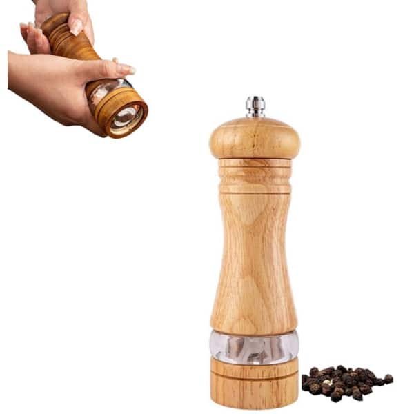 Pepermolen - Zoutmolen - Kruidenmolen - Herb Grinder - Peterseliemolen - Verstelbare Maalgraad - Peper- & Zoutstel - Keuken accessoires - Voor diverse kruiden - Transparant design - Houtkleur - 1 stuk - 5 x 5 x 17 cm
