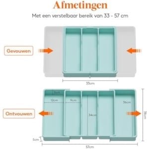 PolkaHome Besteklade Organisator, Uitbreidbare Keukenlade Organizer, Verstelbare Bestekbak voor Keukengerei, Plastic Opbergvak voor Spatels en Gadgets, Groot, Turquoise