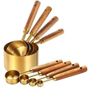 Set van 8 Gouden Maatlepels - RVS met Houten Handvat - Verschillende Groottes - Keuken Accessoire - Stijlvol & Duurzaam