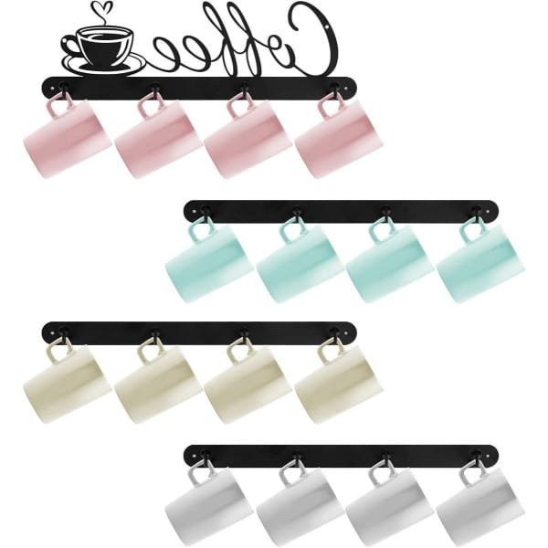 4 koffiebekerhouders voor aan de muur | Metaal koffiemok hanger met 16 haken | Koffie decoratie voor keuken en bar | Opbergrek voor koffietekens | Station accessoires