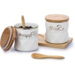 Allecto Plus - 2 zout- en peperstrooiers van keramiek bamboe dienblad - Keuken accessoires voor kruidenhouder - Barbecue en eettafel toebehoren