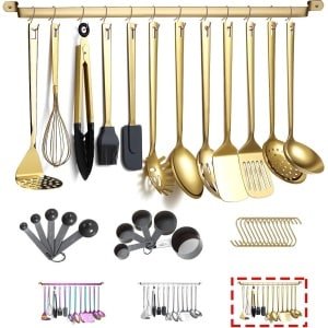 Allecto Plus - 37-delige Goudkleurige Kookgerei Set van Roestvrij Staal - Keukengerei met Titanium Coating - Keuken Gadgets - Non-Stick en Hittebestendig - Vaatwasserbestendig - Inclusief Keukenhouder - Gemakkelijk Schoon te Maken