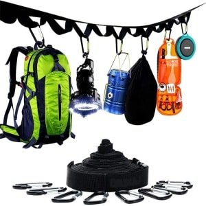Allecto Plus - Camping Opbergriem Tent Organizer voor Kampeeruitrusting - Opknoping Boomriem - Must Have Camping Gear - Keuken Hangmat Riem - Tent Accessoires - Zwart (4 Draads Klem)