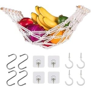Allecto Plus - Hangende Fruithangmat van Katoenen Touw - Geweven Fruitnet - Opbergmanden voor Keuken en Thuis - Camper Accessoire met Haken