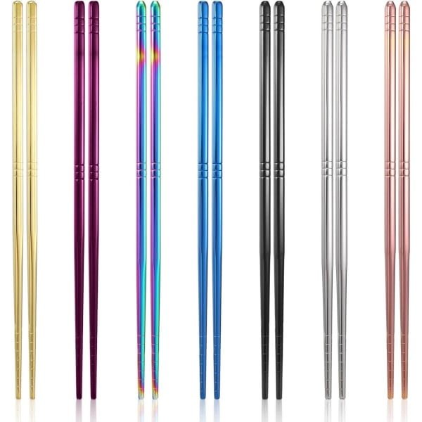 Allecto Plus - Herbruikbare metalen eetstokjes: set van 7 paar in 7 kleuren - Roestvrijstalen eetstokjes met antislip patroon en vaatwasmachinebestendig - Japanse, Koreaanse, Chinese keuken accessoires.