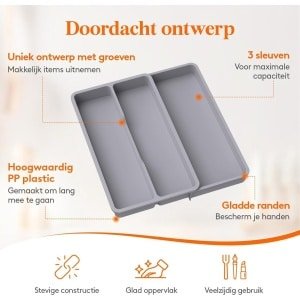 Allecto Plus - Keukengerei Lade Organizer Uitbreidbare Besteklade voor Keuken - Verstelbaar - Koken - Zilverwerk - Bestek Houder - Plastic - Kookgerei - Spatel - Hulpmiddelen - Gadgets - Opbergvak - 3 Vakken - Grijs
