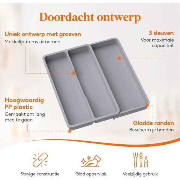 Allecto Plus - Keukengerei Lade Organizer Uitbreidbare Besteklade voor Keuken - Verstelbaar - Koken - Zilverwerk - Bestek Houder - Plastic - Kookgerei - Spatel - Hulpmiddelen - Gadgets - Opbergvak - 3 Vakken - Grijs