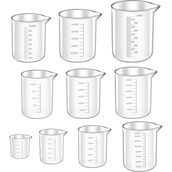 Allecto Plus - Maatbekerset 10-delig 25 ml/50 ml/100 ml/150 ml/200 ml/250 ml/300 ml/400 ml/500 ml/600 ml - Hittebestendige kunststof maatbeker met schaal - Precisie Ml maatbeker voor keuken - Koken en bakken accessoires