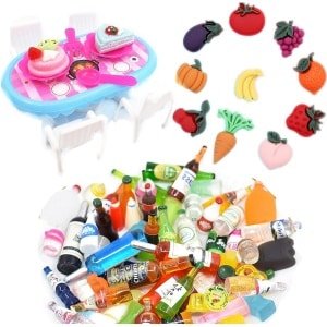 Allecto Plus - Miniature Keuken Accessoires Set: 32 Stuks - Poppenhuis Decoratie met Fruit, Groenten, Wijnflessen en Taartjes