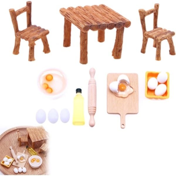 Allecto Plus - Miniatuur Tafel en Keuken Kabouters Accessoires Set - 15 Stuks - Poppenhuis Accessoires - Schattige Wichterdeurdecoratie - 1/12 Schaal-model - Leuke Keuken Miniatuur-items