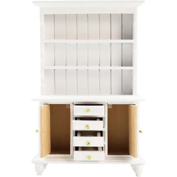 Allecto Plus - Poppenhuis kast 1:12 simulatie | Meubels poppenhuis | 3 lagen vitrinekast | Houten poppenhuis meubels | Wit | Accessoires en boekenkast | Buffet en keuken dressoir.