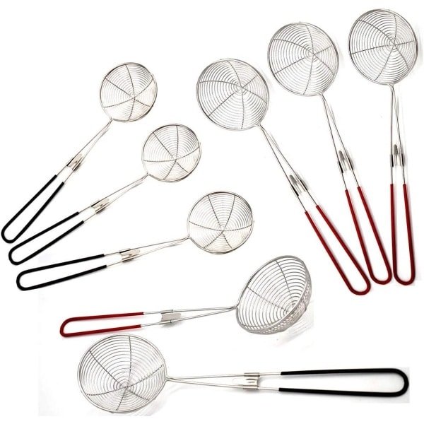 Allecto Plus - RVS Spider Zeef Skimmer Lepel met Siliconen Handvat - Keuken Koken Accessoire - Pasta Hotpot Vergietgereedschap - 8 Stuks