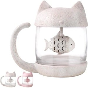 Allecto Plus - Thee Infuser Mok voor Losse Blad Thee - Leuk Design - Kat Motief - 8 oz - Wit - Thee Lover Cadeau - Keuken Accessoire