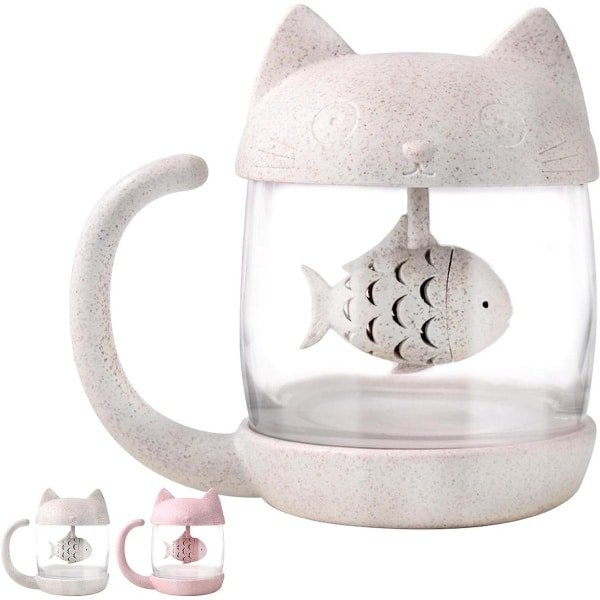 Allecto Plus - Thee Infuser Mok voor Losse Blad Thee - Leuk Design - Kat Motief - 8 oz - Wit - Thee Lover Cadeau - Keuken Accessoire